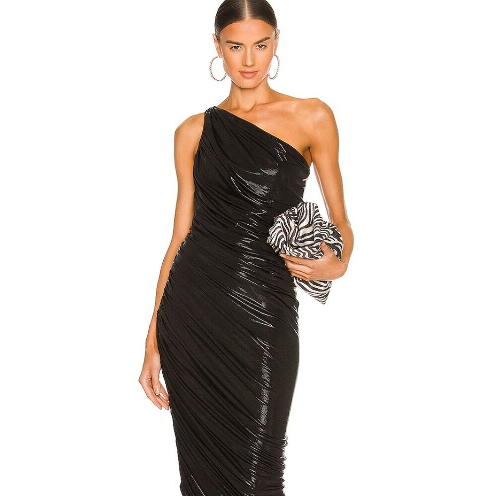 Norma Kamali Shiny Black One-Shoulder Midi Dress